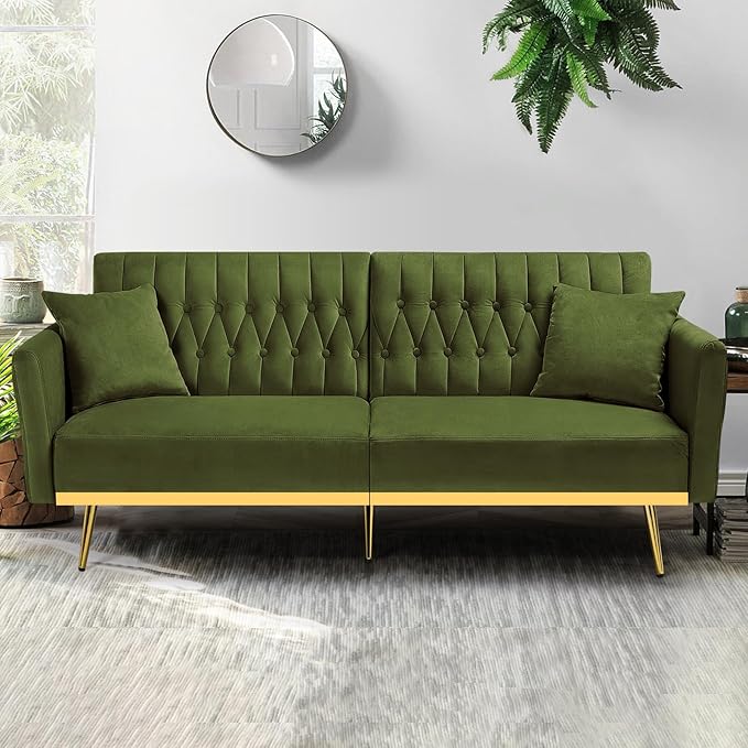 70” Velvet Futon Sofa Bed w/Adjustable Armrests & 2 Pillows, Convertible Futon Couch w/Adjustable Backrests, Modern Sleeper Bed for Living Room, Bedroom, Olive Green