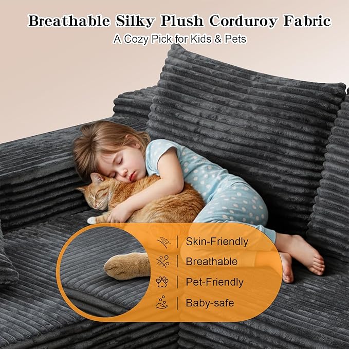 106'' Boneless Couches for Living Room, L Shaped Modular Sectional Sofa with Chaise Lounge, Faux Rabbit Fur & Layered Cushion Deep Seat Cloud Couch, No Assembly (Dark Grey, Right Facing Chaise)