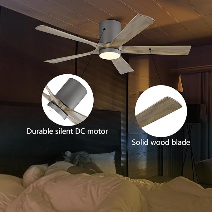 ELEHINSER 52 inch Low Profile Ceiling Fan with Light, 5 Solid Wood Blades, 6-Speeds, Quiet DC Motor, Timer, Flush Mount Modern Ceiling Fan with Remote for Living Room Bedroom, Charcoal Grey