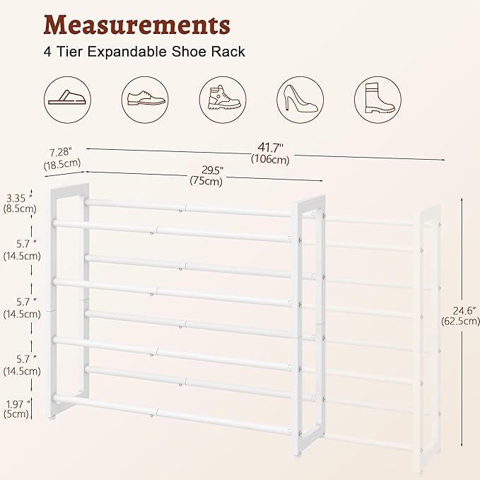 FAVOOSTY 4-Tier Expandable Shoe Rack, Adjustable Shoe Shelf Storage Organizer Space Saving Metal Free Standing Shoe Rack for Entryway Closet Doorway, White