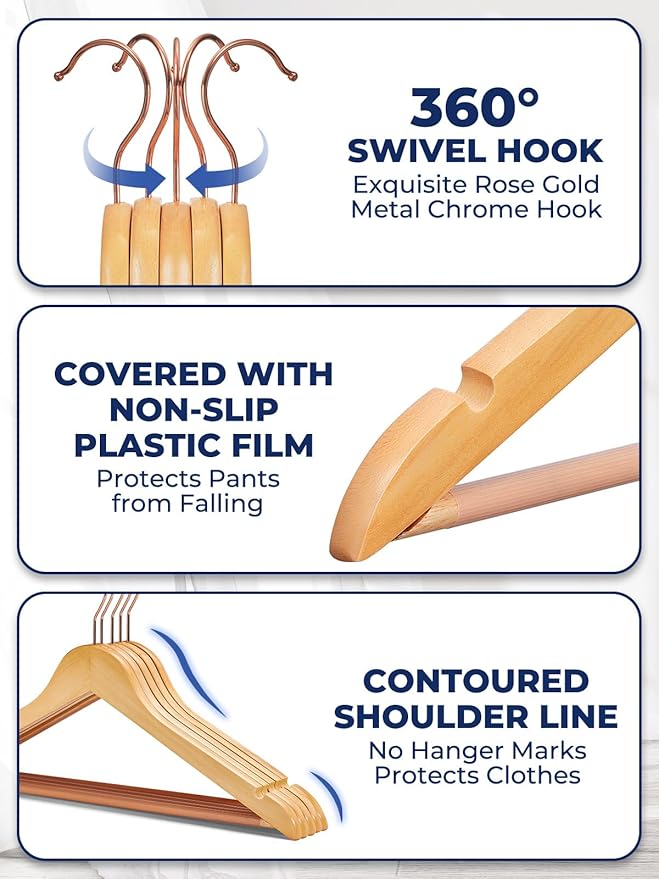 Smartor Wooden Hangers 20 Pack, Solid Wood Coat Hanger for Closet, Heavy Duty Wood Hangers for Suits, Shirts, Dresses, with 360° Rose Gold Hook, Non Slip Pant Bar, Natural