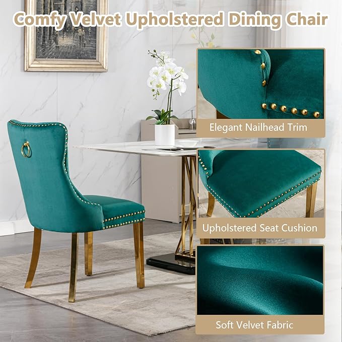 Goujxcy Modern 5 Piece Glass Dining Table Set Luxury Glass Kitchen Table and Chair Set for 4, 70" Large Rectangular Dining Room Table with 4 Tufted Chairs and Stainless Steel Legs (Gold & Green)