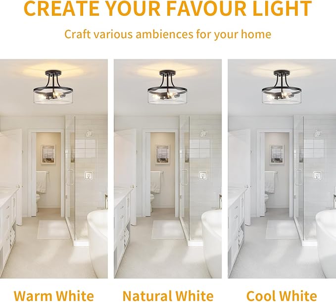 11.81" Black Semi Flush Mount Ceiling Light, Modern Glass Light Fixture, Industrial Hallway Light, 3-Light Close to Ceiling Light Fixtures for Entryway Bedroom Kitchen Laundry Dining Room, UL Listed