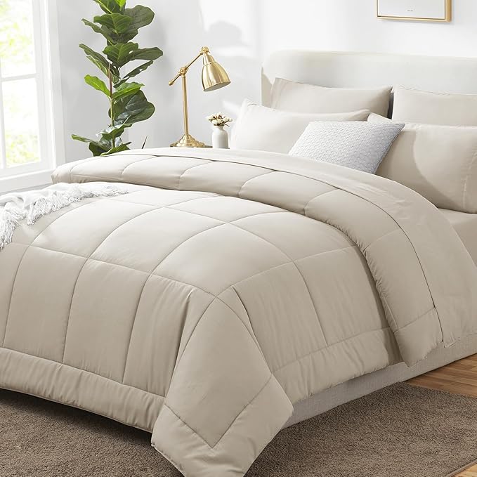 CozyLux Oversized King Comforter Sets Beige, 7 Pieces Bed in a Bag, Ultra-Soft All Season Bedding Sets with Stitch Quilted Comforter, Flat Sheet, Fitted Sheet, Pillowcases, Beige