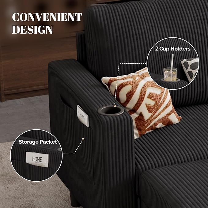 Upholstered Sectional Sofa and Couches, 78'' L Shaped 3-seat Sofa for Living Room, Apartment, Lounge,Bedroom-Washable Covers Convertible Sofas(Corduroy,Black)