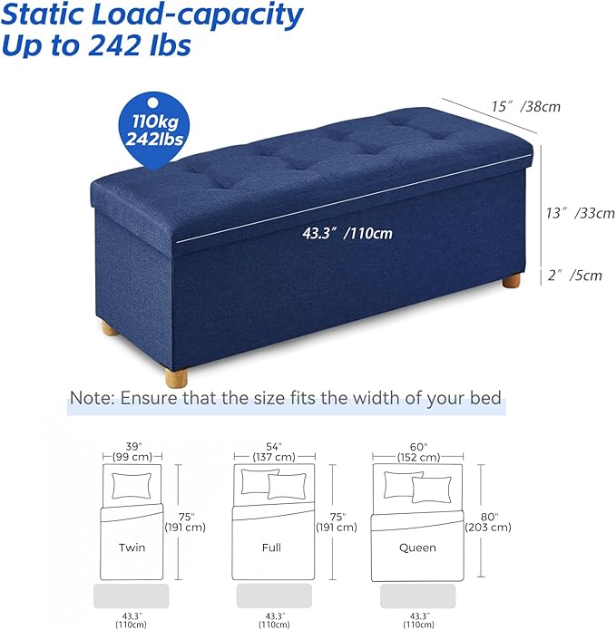 BRIAN & DANY 43 Inches Folding Storage Ottoman Bench, Ottoman with Storage Bench for Bedroom, Living Room, Entryway, Foot Rest with Legs, Blue