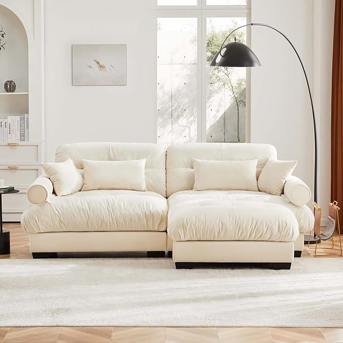 93.7" Loveseat Sofa, 2 Seater Modular Sectional Sofa, Beige White Large L Shaped Sectional Couches for Living Room, Fluffy Couch, Love Seat, Velvet Cloud Couch with Ottoman, Deep Seat for Living Home