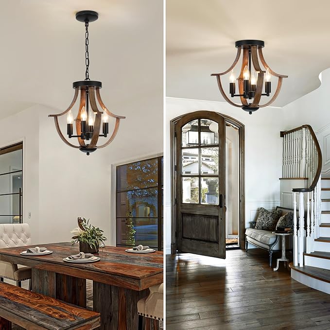 Farmhouse Hanging Pendant Lighting, 4-Light Rustic Flush Mount Ceiling Light Fixture,Modern Faux Wood Vintage Chandelier for Dining Room Kitchen Island Foyer Hallway Entryway Bedroom