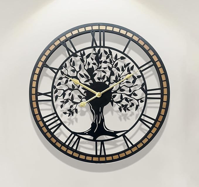 Large Wall Clock for Living Room Decor 18 Inch Tree of Life Metal Wall Art - Oversized Non-Ticking Battery Operated Silent Clock for Kitchen/Bedroom Home Decor