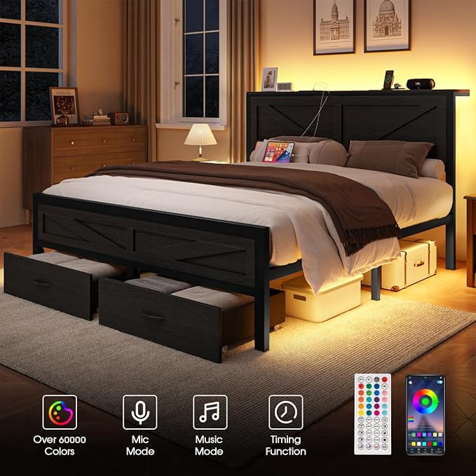 Rustic Full Size Bed Frame with Storage Drawers and Barn Door Headboard, Farmhouse LED Bed Frame Full with Charging Station, Metal Industrial Platform Bed Frames, No Box Spring Needed, Black