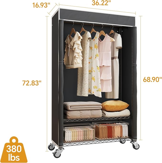 H4 Clothing Rack with Cover, Rolling Heavy Duty Clothes Rack, Garment Rack on Wheels, Portable Closet for Hanging Clothes, Black Clost Rack with Black Fabric Cover, Max Load 380LBS