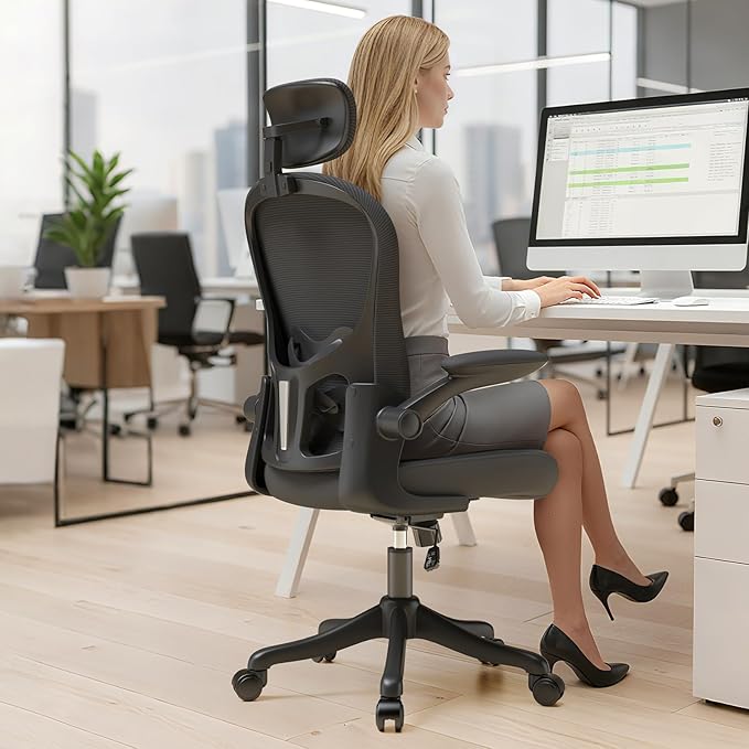 Mesh Office Chair with Adjustable Lumbar Support and Headrest, Ergonomic High Back Task Chair for Home Office, Flip-Up Arms 90-120° Tilt Lock Rolling Swivel Work Chairs(Black6065)