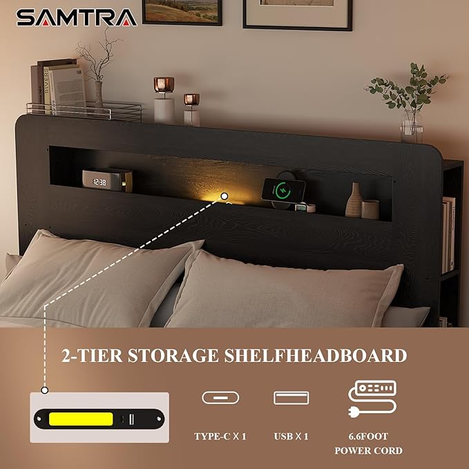 Wooden Bed Frame Queen Size with Storage Headboard - Farmhouse Platform Bed Frame with Bookcase Shelf & Led Lights, Sturdy Wood Slat Framework Bed Frame (Black LED)