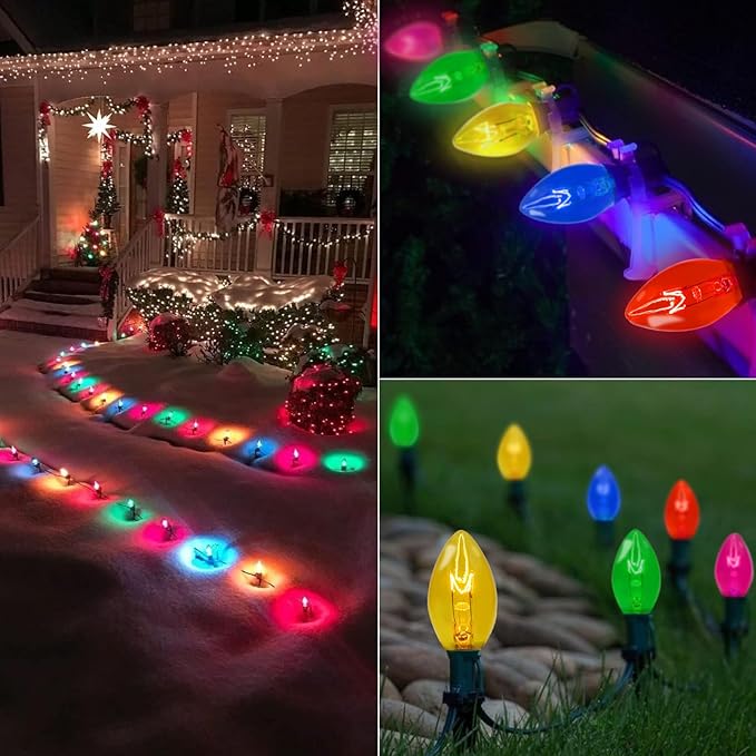 Couah C7 String Lights-25Ft Clear Vintage Multicolor Lights with 27 Colorful Incandescent Bulbs (2 Spare), Outdoor String Lights for Christmas Party Backyard Wedding- Green Wire, ULP(7)-LR(25)(5W)