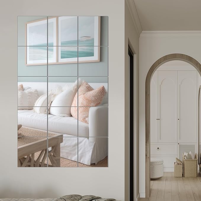 16 Packs Home Gym Mirrors 12'' x 12'' Wall Mounted Mirror Tiles, Square Large Wall Mirror Frameless Full Length Mirror for Home Gym, Bedroom, Door, Bathroom, Living Room