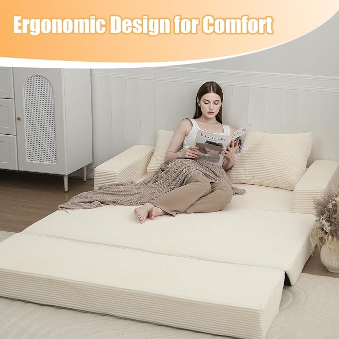 COMAX Convertible Sofa Bed Queen, Corduroy Folding Floor Couch Pull Out Couch Bed Futon Sleeper with Pillows, Fold Out Boneless Sofa Comfy Lounge Mattress Loveseat for Living Room Bedroom, Beige