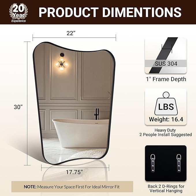 ANDY STAR Matte Black Bathroom Vanity Mirror, 22x30 Inch Irregular Mirror for Wall, Asymmetrical Mirror for Bathroom, Unique Shape Decorative for Powder Room, Entryway