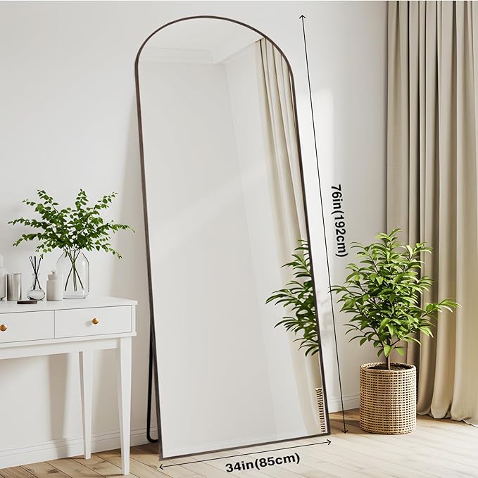 Arched 34x76 Inch Oversize Full Length Mirrors Aluminium Frame in Classic Graylish Driftwood Looking Free Standing Floor Mirror Full Body Wall Mounted for Bedroom Living Room and Hallway