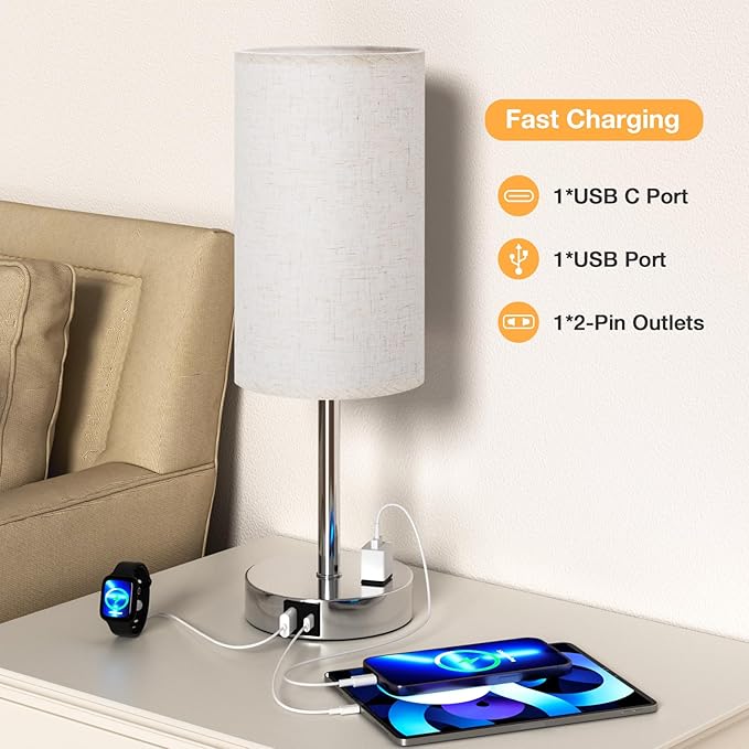 17.4Inch Bedside Touch Table Lamps for Bedroom Nightstand with USB-C USB-A Charging Ports White - 3 Way Dimmable Control Small Lamp Fabric Shade Silver Base for Office, Dorm Room, Living Room, Reading
