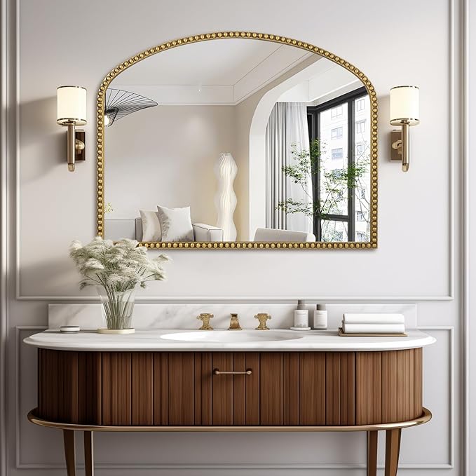 28"x36" Large Arch Wall Mirror, Decorative Beaded Frame Hanging Vanity Mirror for Dresser, Bathroom, Entryway, Bedroom, Mantel, Antique Gold
