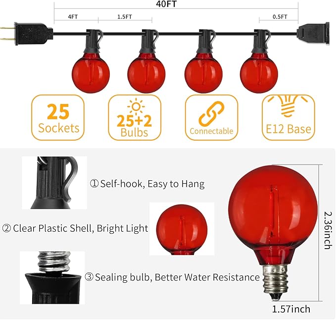 40FT LED Outdoor String Lights Waterproof, G40 Globe for Patio With 27 Edison Vintage Shatterproof Bulbs, Connectable Backyard Lighting for Garden, Bistro, Porch, Cafe