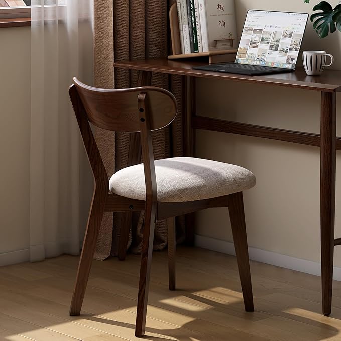 Walnut Dining Chair,FAS-Grade North American Oak Construction with Grey Padded Fabric Seats, Comfortable Dining Chair for Kitchen & Dining Room, 400lb Capacity