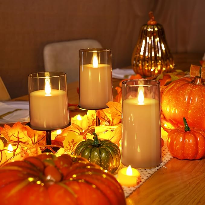 Homemory Realistic Flickering Flameless Candles, Battery Operated Candles with Remote Control and Timer, LED Fake Electric Candle for Home, Christmas Decoration, Gold, Set of 3