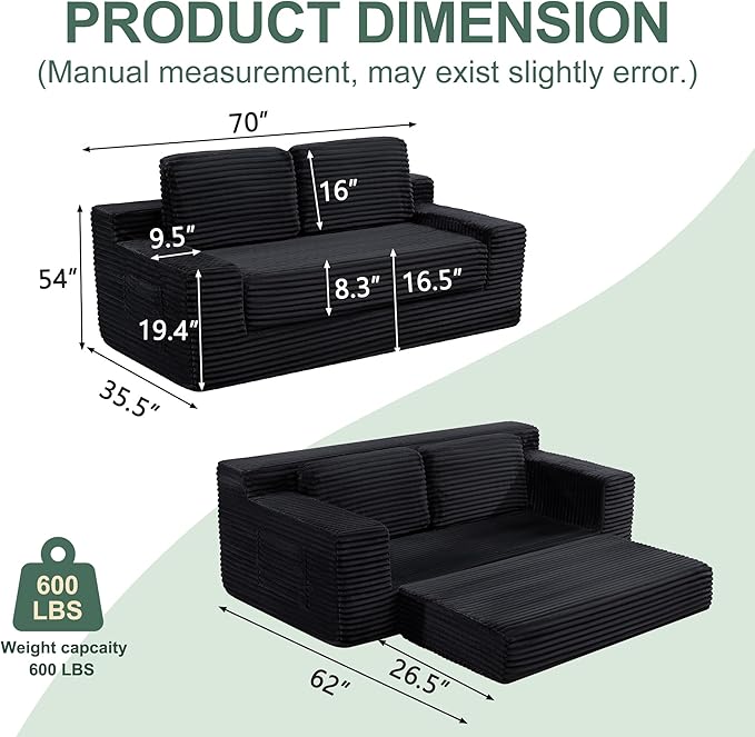 70" Cloud Loveseat Sofa Couch in a Box, 2 Seater Boneless Couch, Convertible Pull Out Sofa Bed with Pillows, No Assembly, Memory Foam, Modern Small Couches for Small Spaces (Black-Folding)