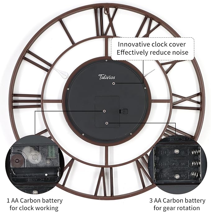 24 Inch Large Wall Clocks for Living Room Decor with Moving Gears,Large Wall Clock Industrial Steampunk,Oversized Metal Analog Wall Clocks for Farmhouse Home Battery Operated