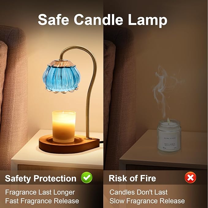 Candle Warmer Lamp with Timer, Dimmable Candle Warmer Lantern Light, Electric Glass Shade Jar Candle Warming Holders for Home Decoration Gift for Women, Bright Blue