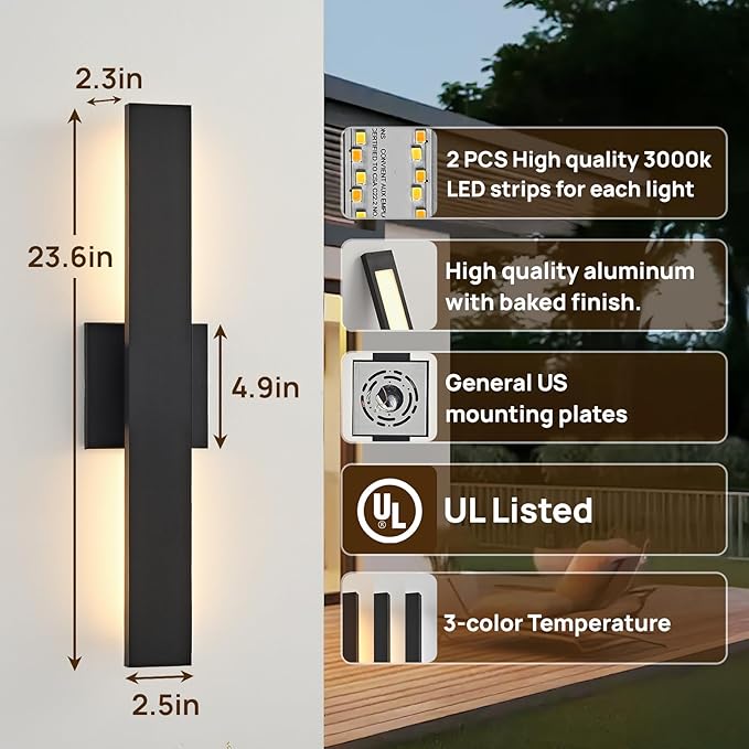 Upgraded 2-Pack 23.6in Black Long Modern LED Outdoor Wall Lights 3000K 4000K 5000K Dimmable Exterior Wall Sconce Outside Light fixtures for House Garage Front Door
