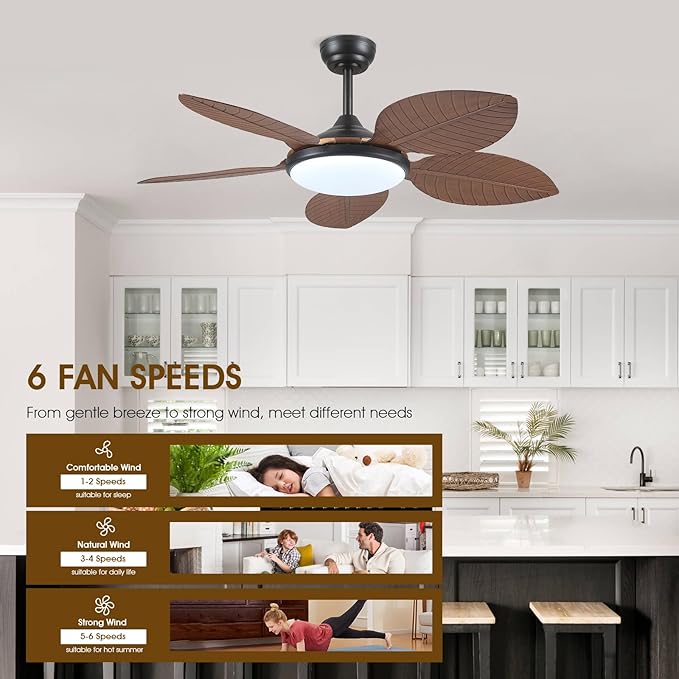 Ceiling Fans with Lights and Remote/APP Control, 48 Inch Tropical Ceiling Fan for Bedroom Living Room, Outdoor Palm Leaf Ceiling Fan for Patios Porch, Dimmable, 6 Speeds, Reversible, Brown