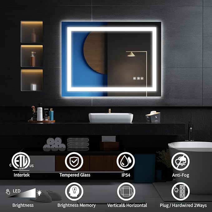 LED Mirror for Bathroom, 40x32 Inch Backlit + Front Lighted Bathroom Vanity Mirror with Lights for Wall, Double Light Strips, 3 Colors, Shatter-Proof, Anti-Fog and Brightness Memory