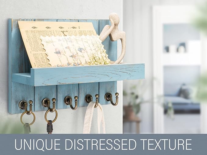 Rebee Vision Decorative Key Holder for Wall - Farmhouse Mail Organizer and Key Hanger Wall Mount for Floating Shelf with Hooks - Mid Century Home Decor Aesthetic (Distressed Blue)