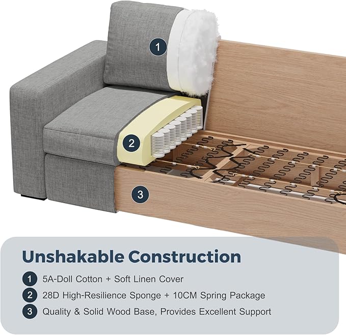 ABCASA 112" Convertible Sectional Sofa, Large L Shaped Couch with Detachable Sofa Cover, Modular Couch for Living Room, Breathable Linen Fabric Corner Sofa for Apartment, Grey