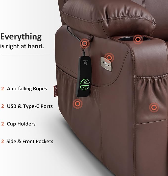 MCombo Electric Power Lift Recliner Chair Sofa with Massage and Heat for Elderly, 3 Positions, 2 Side Pockets, and Cup Holders, USB Ports, Faux Leather 7040 (Light Brown, Medium)