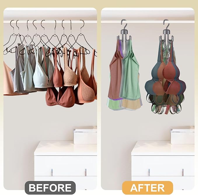 3Pcs Tank Top Hanger, Rotatable Bra Hangers for Closet Organizer, Max 72 Storage Capacity Belt Hanger, Plastic Space Saving Closet Organizers Apartment Dorm Essentials for Bra (3, Grey)