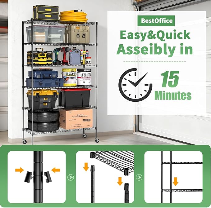 BestOffice Storage Shelves 6 Tier Metal Shelves Adjustable Garage Shelving Wire Shelving Unit Capacity 2100LBS with Wheels for Kitchen, Garage Pantry Closet Commercial,Black