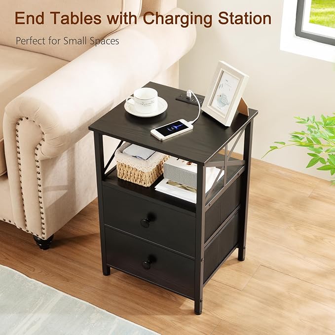 AMHANCIBLE Night Stand Set 2, Black Nightstand with Charging Station, End Tables Living Room with USB Ports and Outlets, Bedside Table with Fabric Drawers for Bedroom, HET05XBK