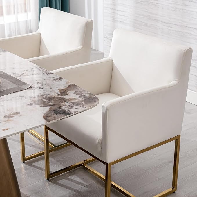 Upholstered Dining Chairs with Arms Set of 6 Mid Century Modern Accent Chairs Armchairs with Gold Metal Frame, Velvet Modern Kitchen & Dining Room Chairs, Cream