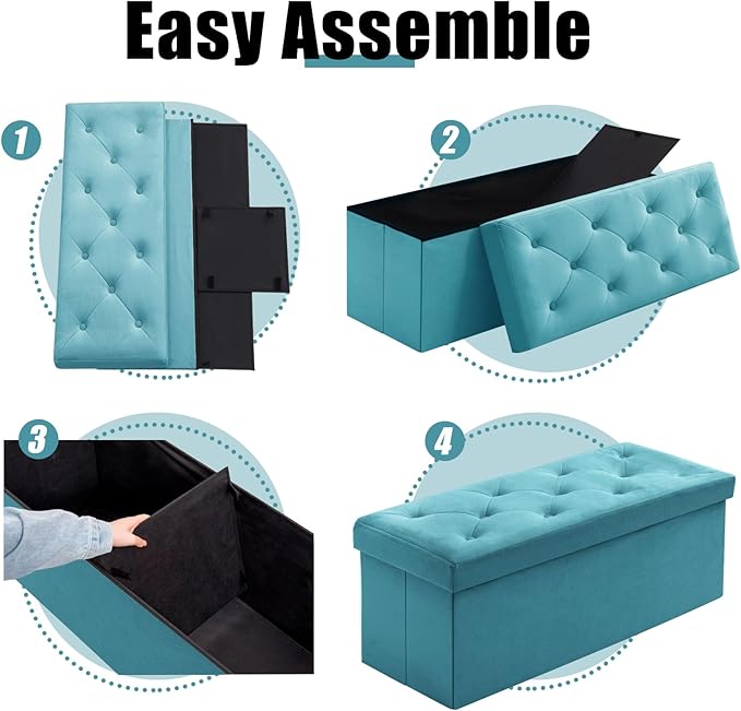 BRIAN & DANY 43 Inches Folding Storage Ottoman Bench, Velvet Ottoman with Storage for Living Room, Long Shoes Bench,Flannelette Footrest Benches Seat (Teal)