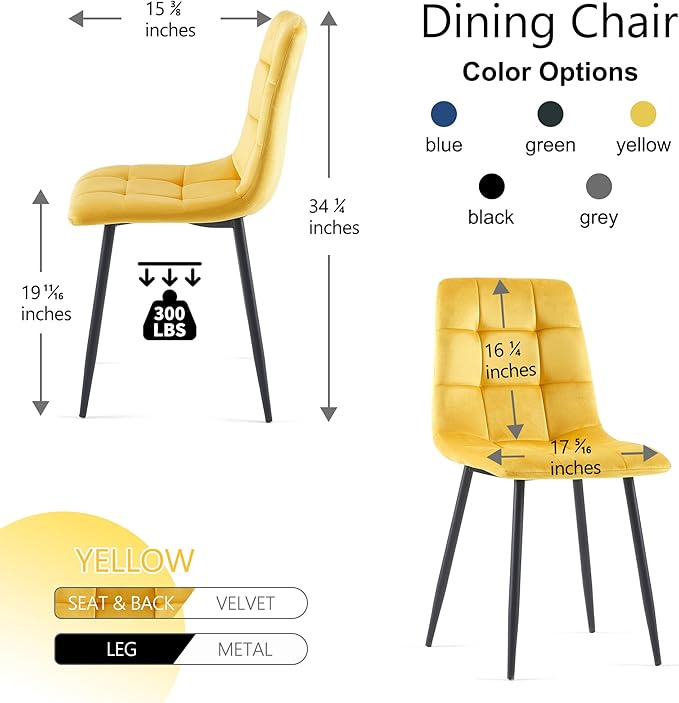 NORDICANA Yellow Velvet Dinner Chairs Set of 4, Modern Armless Biscuit Tufted Dining Side Chairs with Metal Legs for Kitchen Living Room Vanity