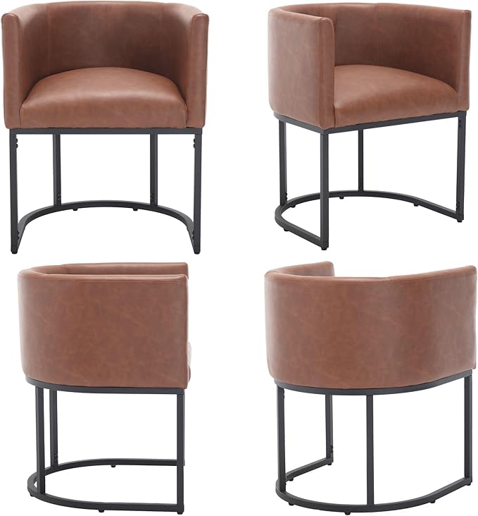 Faux Leather Dining Chairs Set of 2 Modern Barrel Arm Chairs with Black Metal Frame, Upholstered Kitchen Chairs 18.5" Wide Accent Chairs for Living Room Dining Room Restaurant, Brown