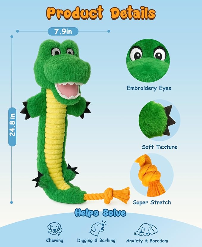 Swooflia Dog Rope Toy - Interactive Cute Dinosaur Squeaky Plush Toys No Stuffing, Teeth Cleaning for Small Medium and Large Dogs, Durable Puppy Tug of War Chew Toy for Training and Play