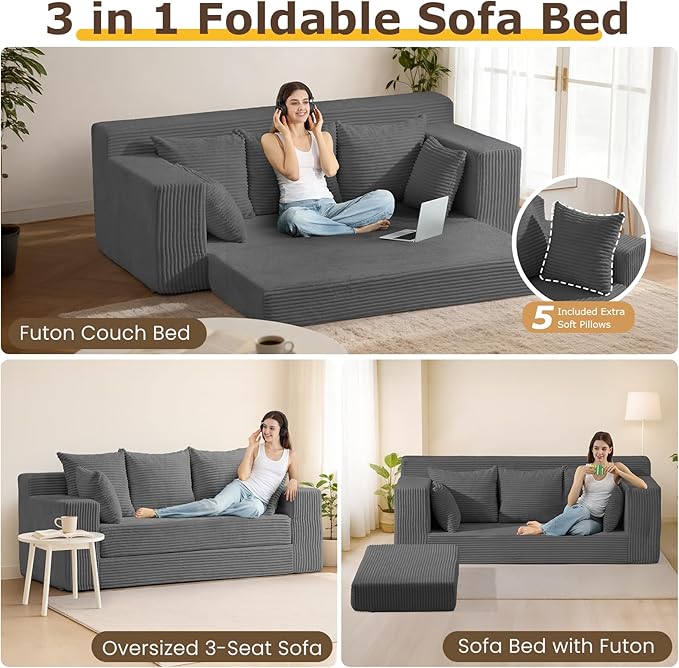 3 Seater Boneless Couch for Living Room, Convertible Futon Sofa Bed Comfy Pull Out Couch with 5 Pillows & Detachable Washable Cover, Upholstered Floor Sofa in A Box, No Assembly Required, Grey