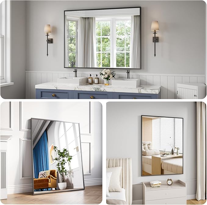 Bathroom Mirror 36"x48" Matte Black Rectangle Bathroom Wall Mirror for Over Sink, Modern Large Vanity Mirror, HD Tempered Glass, Anti-Rust Aluminum Alloy Frame, for Living Room, Bedroom, Entryway