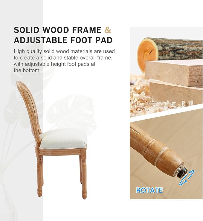 Nrizc French Country Dining Chairs Set of 4, Farmhouse Fabric Chairs with Round Back, Rattan Dining Chair, Oval Side Chairs for Dining Room/Living Room/Kitchen/Restaurant