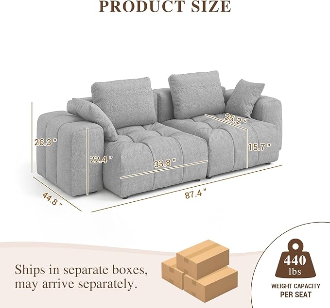 Cloud Sectional Couches, Comfort Linen Loveseat Modular Sofas with Wide Deep Seat, Down Filled Modern Upholstered Sofa Couch for Living Room, Apartment,Grey