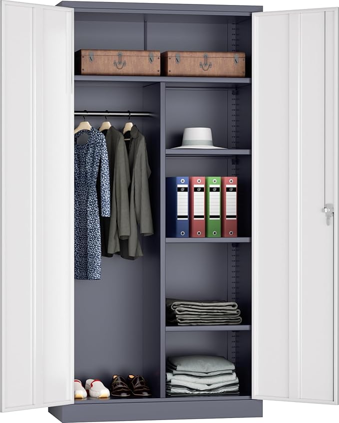 INTERGREAT Metal Wardrobe Closet, 72" Locking Storage Wardrobe Cabinet with White Doors and Shelves, 18 "D x 36" W Steel Clothes Storage for Office, Home, School, Gym (White Grey)