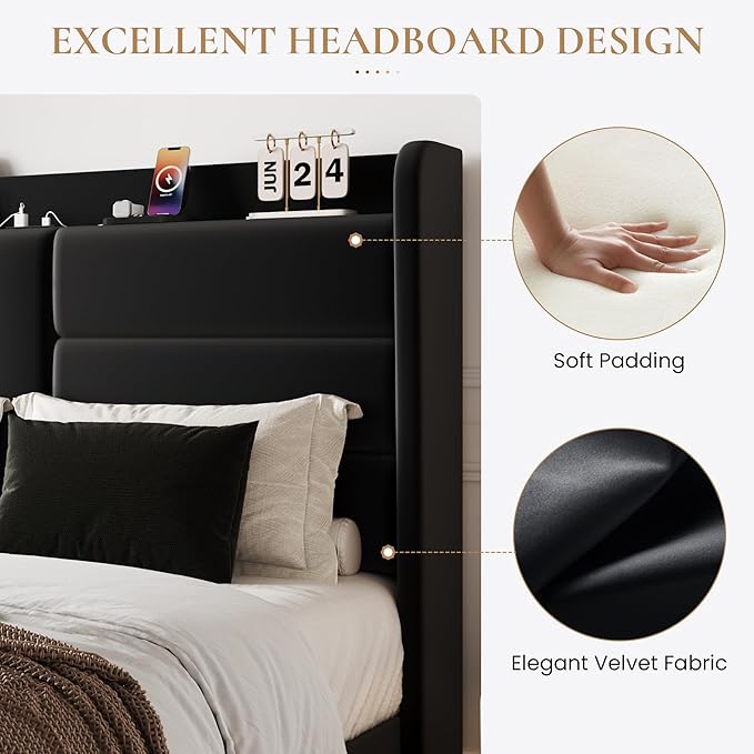 SHA CERLIN Full Size Bed Frame with Charging Station & Storage Headboard, Velvet Platform Bed with Upholstered Modern Wingback Design, Wooden Slats Support, No Box Spring Needed, Easy Assembly, Black
